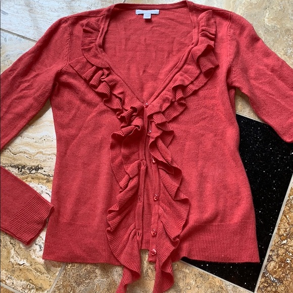 New York & Company ruffle front coral V-Neck cardi - Picture 2 of 8